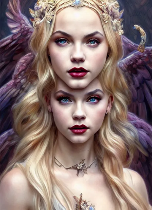 Image similar to ultra realistic illustration, a stunningly beautiful greek gothic goddess of chaos played by jordyn jones and dove cameron and margot robbie and taylor swift and megan fox, intricate, elegant, highly detailed, digital painting, artstation, concept art, smooth, sharp focus, illustration, art by artgerm and greg rutkowski and alphonse mucha