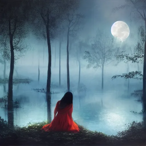 Image similar to a girl sits on the roots of an ancient tree looking at a pond surrounded by a dark towering forest at midnight, the moon can be glimpsed through the trees, everything is veiled by fog, dark fantasy, night time, realistic painting