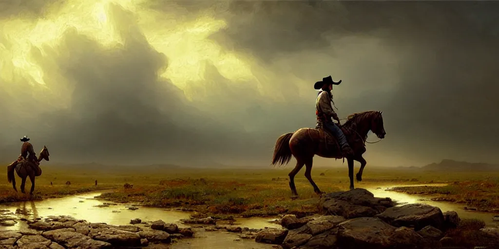 Image similar to a lonesome cowboy on his horse is crossing american plains with a small riverbed, mountaineous background, cloudy day, highly detailed, digital art, by greg rutkowski, by albert bierstadt