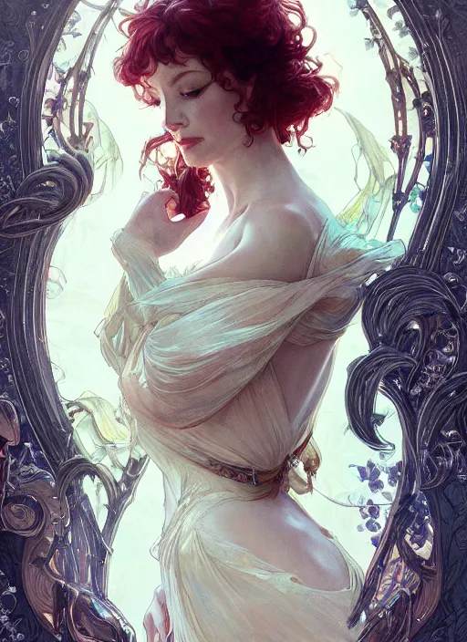 Image similar to Christina Hendricks, fantasy, intricate, elegant, highly detailed, digital painting, artstation, concept art, smooth, sharp focus, illustration, art by artgerm and greg rutkowski and alphonse mucha