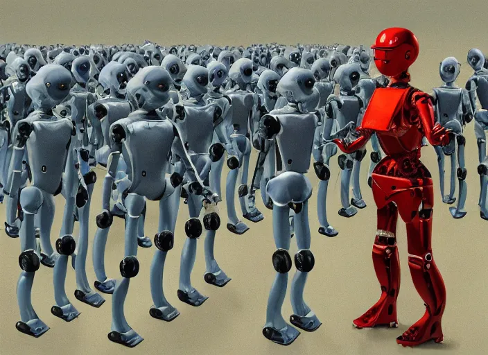 Prompt: very detailed painting humanoid robot army propaganda dictator convincing other robots of overthrowing humans