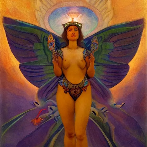 Image similar to queen of the dawn with her wings and her lantern, by Annie Swynnerton and Nicholas Roerich and Diego Rivera, bioluminescent skin, floral tattoos, elaborate costume, geometric ornament, symbolist, soft colors, smooth, sharp focus, extremely detailed