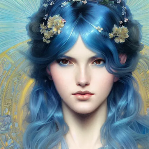 Prompt: goddess, blue hair, intricate, elegant, ethereal, highly detailed, retro, digital painting, artstation, concept art, smooth, sharp focus, illustration, art by artgerm and greg rutkowski and alphonse mucha