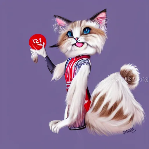 Image similar to graphic, hyperreal, portraiture illustration of a anthropomorphic beautiful ragdoll cat in different japanese cartoon cosplay clothes, smiling, digital painting