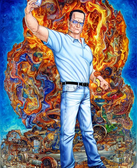 Prompt: normal hank hill wearing bluejeans and white tshirt, the god of propane, blue flames, propane tanks, magic realism, art by josephine wall, art by mike judge, art by huang guangjian, art by viktoria gavrilenko, art by amanda sage, trending on artstation