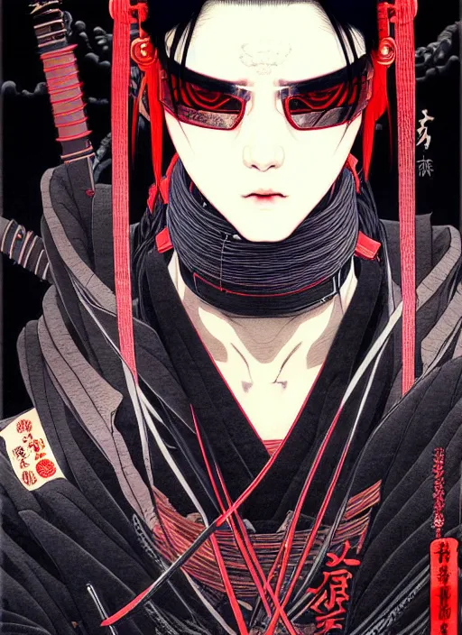 Image similar to a beautiful ukiyo painting of cyberpunk ninja, wearing cyberpunk streetwear, detailed close up portrait, concept art, by takato yamamoto, wlop, krenz cushart. cinematic dramatic atmosphere, sharp focus