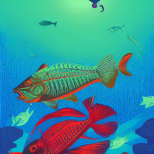 Image similar to one stylized fish in center of view, viewed in profile, dark ocean, complex patterns, artstation, intricate, realistic, highly detailed, digital painting, concept art, sharp focus, illustration by tom whalen and charles williams and kilian eng and james jean