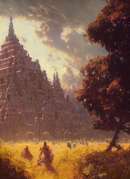 Image similar to giant castle temple megastructure in meadow by gaston bussiere, anna nikonova aka newmilky, greg rutkowski, yoji shinkawa, yoshitaka amano, moebius, donato giancola, geoffroy thoorens, trending on artstation, pixiv, cinematic composition, 8 k