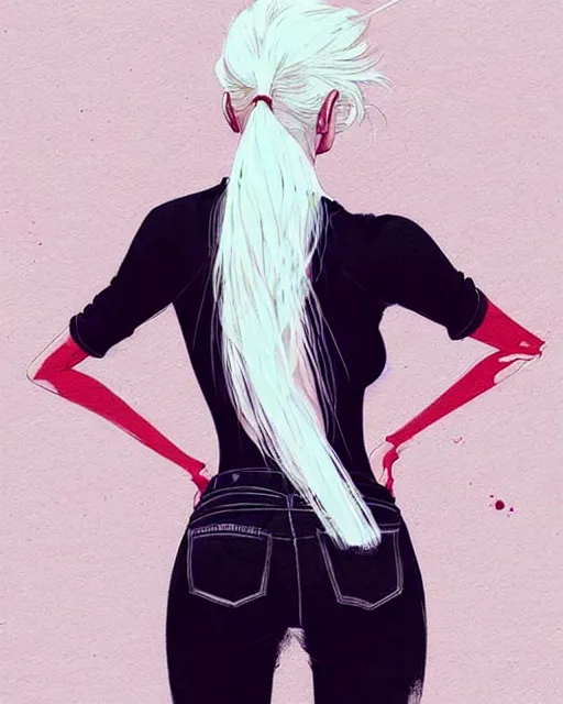 Image similar to a ultradetailed beautiful back painting of a stylish woman with white hair in a pony tail, she is wearing jeans, by conrad roset, greg rutkowski and makoto shinkai trending on artstation