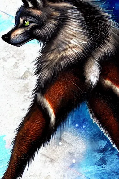 Prompt: A wolf-fox hybrid with a small head wearing a leather jacket and leather jeans and leather gloves, trending on FurAffinity, energetic, dynamic, digital art, highly detailed, FurAffinity, high quality, digital fantasy art, FurAffinity, favorite, character art