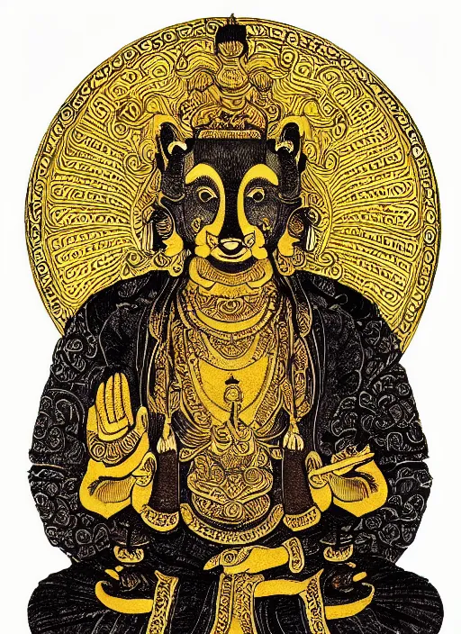 Image similar to detailed pen illustration of an anthropomorphic asian black bears head on Buddhist bodhisattva body, seated in royal ease, 0.1 black micron pen, gilded gold halo behind head, highly detailed, fine pen work, religious iconography, white background