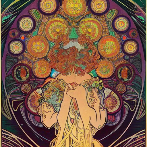 Prompt: psychedelic alphonse mucha victo ngai beautiful cybernetic flower field