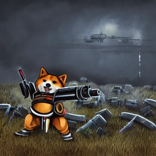 Image similar to anthropomorphic shiba inu on hill, wearing warhammer 4 0 k black exoskeleton power armor without helmet, holding sci - fi laser gatling gun, post apocalyptic foggy graveyard background