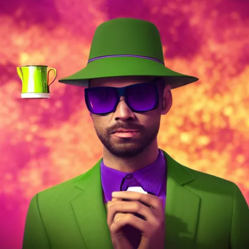 Prompt: man in green suit, with green hat, drinking tea, purple undershirt, Wearing Shades, Galaxy background, highly detailed, octane render