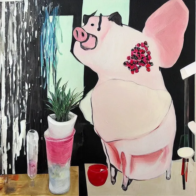 Image similar to “ a portrait in a female art student ’ s apartment, sensual, a pig theme, art supplies, paint tubes, ikebana, herbs, a candle dripping white wax, black walls, squashed berries, berry juice drips, acrylic and spray paint and oilstick on canvas, surrealism, neoexpressionism ”