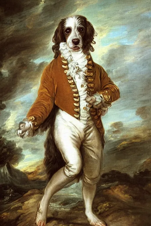 Image similar to A painted portrait of a brown haired springer spaniel wearing a sea captain's clothing, by Thomas Gainsborough, elegant, highly detailed, anthro, anthropomorphic dog