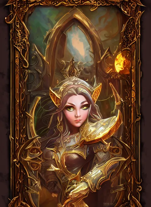 Prompt: filigree frame, elven, dwarven, magic, hearthstone, artstation