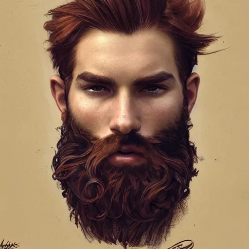 Prompt: portrait of a rugged ranger trainee, 19 years old, beard, male, masculine, upper body, red hair, long hair, soft hair, D&D, fantasy, intricate, elegant, highly detailed, digital painting, artstation, concept art, matte, sharp focus, illustration, art by Artgerm and Greg Rutkowski and Alphonse Mucha