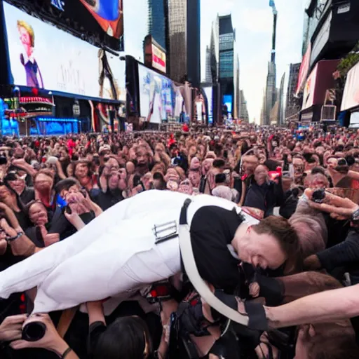 Image similar to Elon Musk being dragged to the guillotine in the middle of Times Square, photography, 8k