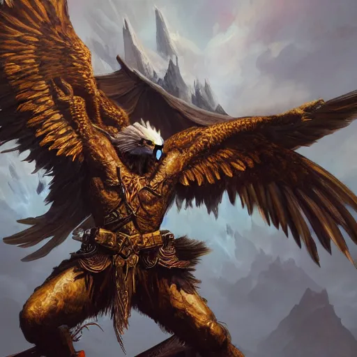 Prompt: Eagle, Anthropomorphized, as warlord general, magic the gathering artwork, D&D, fantasy, cinematic lighting, centered, symmetrical, highly detailed, digital painting, artstation, concept art, smooth, sharp focus, illustration, volumetric lighting, epic Composition, 8k, art by Akihiko Yoshida and Greg Rutkowski and Craig Mullins, heroic pose, oil painting, cgsociety, Battlefield background, explosions, arrows