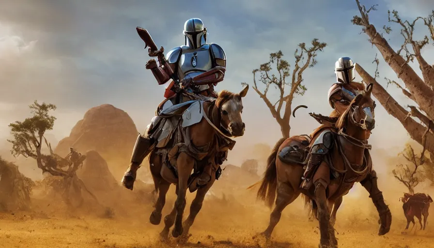 Image similar to mandalorian riding a horse through madagascar with baobabs trees, tribe members chasing for an attach, action scene, an epic fantasy, artgerm and greg rutkowski and alphonse mucha, an epic fantasy, volumetric light, detailed, establishing shot, an epic fantasy, cinematic, photorealistic, ultrarealistic, trending on art station, octane render, midsommar