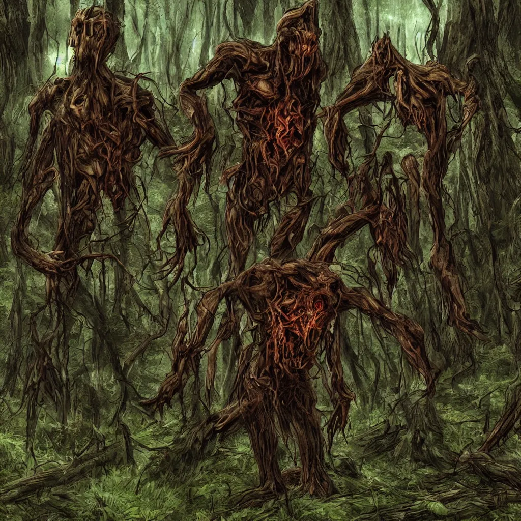 Image similar to dark forest, horrifying creatures, necromorph, horror