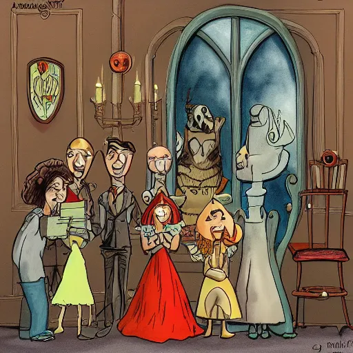 Prompt: a group of cartoon characters standing around a chair, a storybook illustration by tony diterlizzi, deviantart contest winner, gothic art, storybook illustration, official art, tarot card