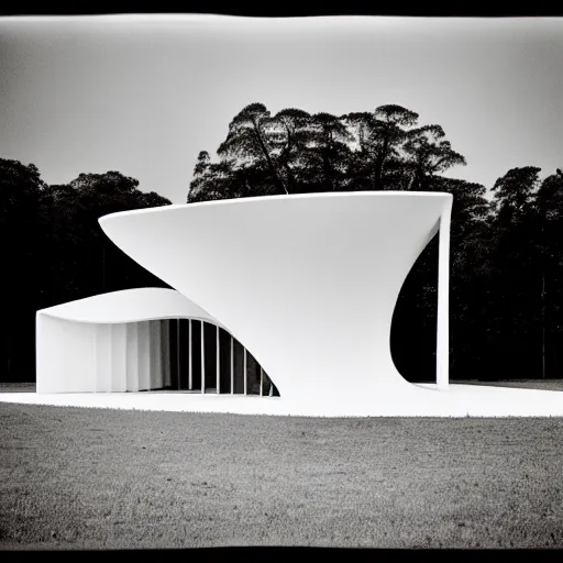 Prompt: white house by santiago calatrava, in the tropical wood, by arkhip kuindzhi, mystic, melancholy, pinhole analogue photo quality, lomography, monochrome