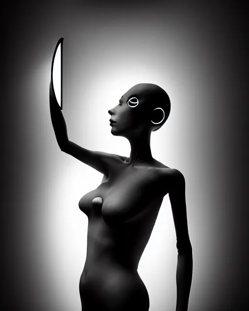 Image similar to black and white high quality photo of a beautiful female AI vegetal-cyborg looking into a sci-fi mirror, volumetric lighting, liminal space, brutalism, foggy, dreamy, hyperdetailed, bokeh, photorealistic, cinematic, masterpiece, elegant, dark, by Man Ray in the style of Horst P. Horst, octane render, 8K,