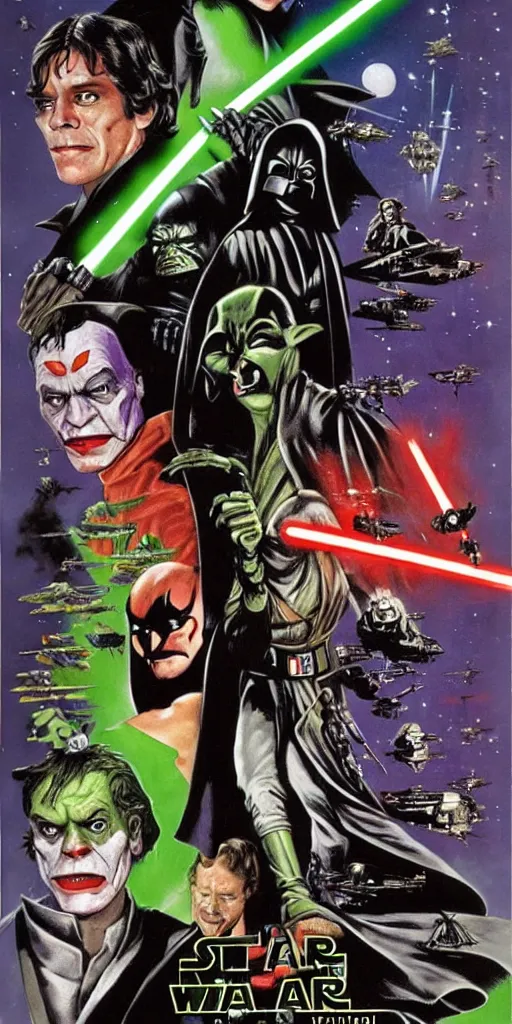 Prompt: a Star Wars Return of the Jedi movie poster with Batman, the Joker, the Green Goblin, and Catwoman