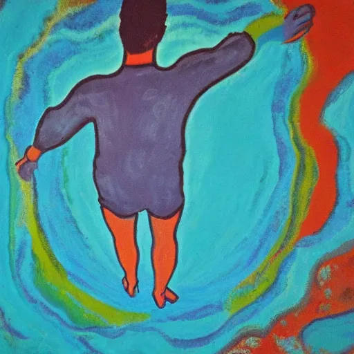 Image similar to a fauvist painting of an aerial view of a man at the bottom of a deep hole on the beach at night