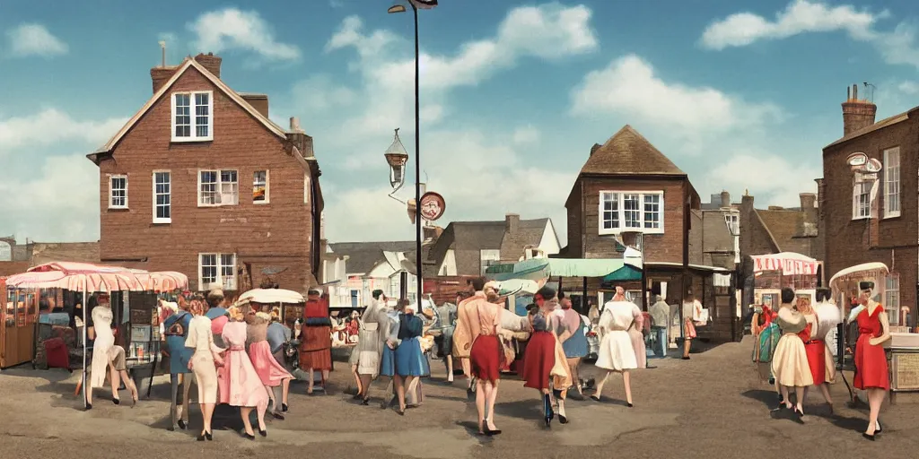 Prompt: digital matte glossy painting nostalgic 1 9 5 0 s ice cream fan village britain, detailed in the style of trevor mitchell