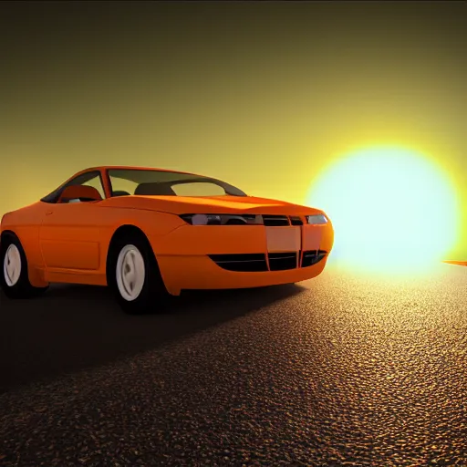 Image similar to a car is flying in front of a bright orange sun, a raytraced image by Mārtiņš Krūmiņš