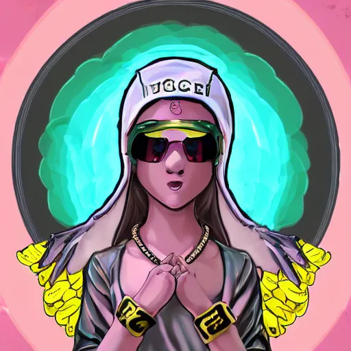 Image similar to baby Angel, baby cherub,wearing angel, face covered, Gucci, x logo, Chanel style , halo, ski mask, balaclava, face covered, wearing angel halo covered face, orange hoodie, hip hop, multiple golden necklaces, fantasy art apex fortnite Video game icon, 2d game art gta5 cover , official fanart behance hd artstation by Jesper Ejsing, by RHADS, Makoto Shinkai and Lois van baarle, ilya kuvshinov, rossdraws