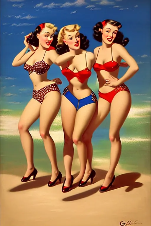 Image similar to 1940s group of pinup bikini girls, oil painting, by Gil Elvgren