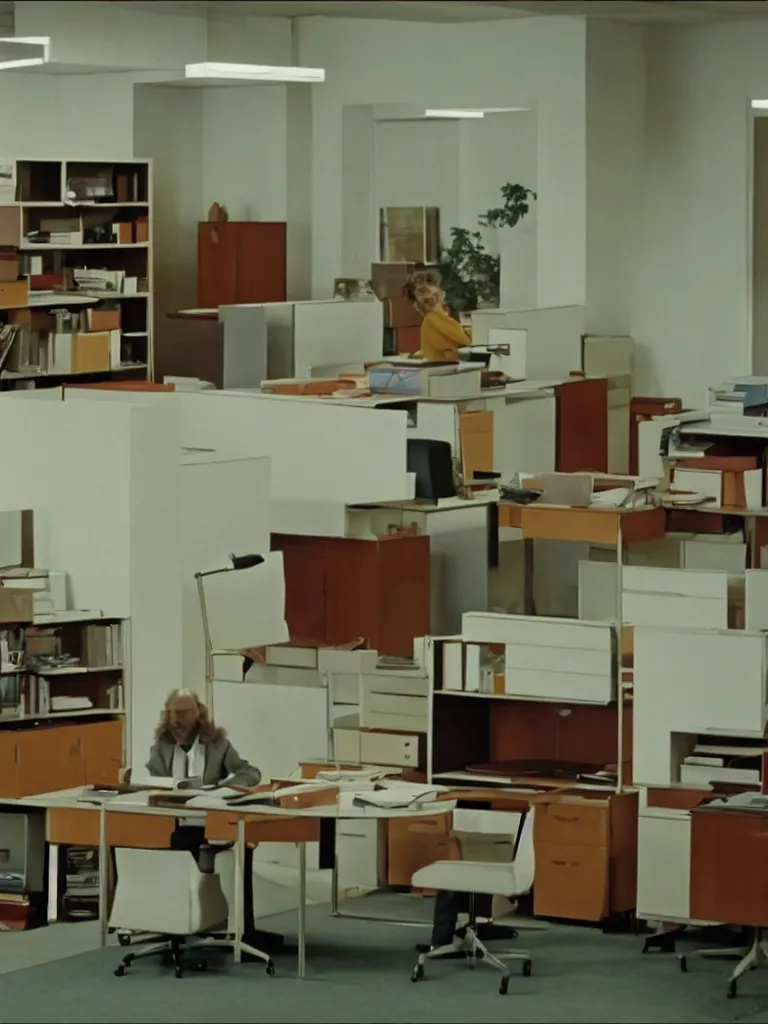 Image similar to a still of severance series ( 2 0 2 2 ) indoor 7 0 s furniture office scenario appearing in a film of jacques tati