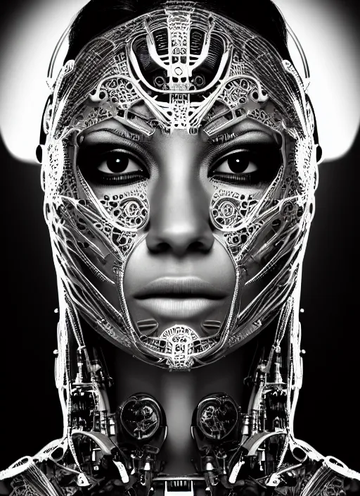 Prompt: a stunning young female cyborg profile face, face is made intricate tribal bio - mechanical, editorial photography, bw, shot on 7 0 mm, depth of field, f / 2. 8, high contrast, 1 6 k, rays of shimmering light, volumetric lighting, shiny, insanely detailed and intricate, hypermaximalist, elegant, ornate, hyper realistic, super detailed