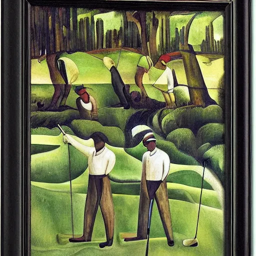 Image similar to Three golfers on a beautiful golf course, by Diego Rivera