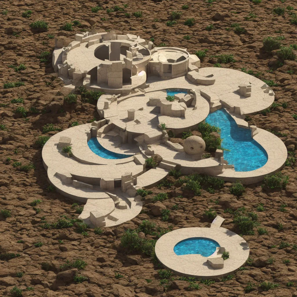 Prompt: architectural model, isometric view, 3 d render, studio lighting, low contrast, brightly lit studio, highly detailed, a circular house with circular courtyards, pool, on rocks on a desert, no tree