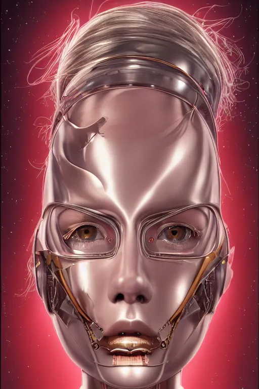 Image similar to organic cyborg head wrapped in silk by Hajime Sorayama and Jamie Coreth, trending on artstation, centered, symmetrical, snow white, thick pink hair, bilateral symmetry, 70s poster, polished, thick smoke, retro dark vintage sci-fi, 2D matte illustration