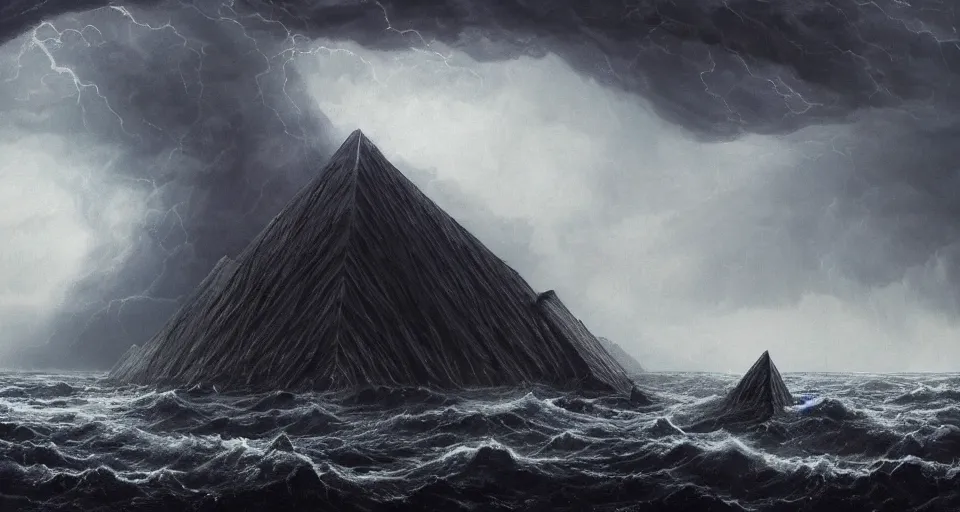 Image similar to black lovecraftian eldritch!! obsidian pyramid!! on a snowy island surrounded by raging stormy seas, with a large shadow of a creature in the background by eugene von guerard, ivan shishkin, night, red lightning!!, storm!, dramatic lighting, concept art, trending on artstation, 8 k