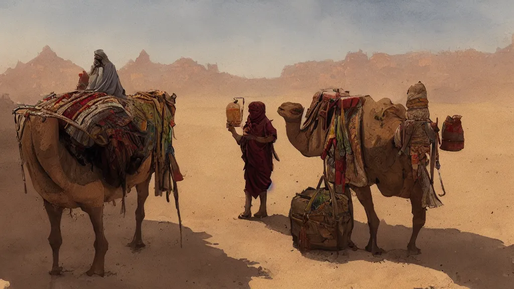 Image similar to desert landscape with arabian merchant with colored bags feeding a camel, rule of thirds, watercolored, jakub rozalski, dark colours, dieselpunk, artstation