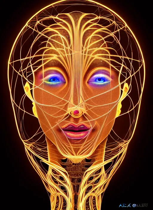 Prompt: absurdly beautiful female figure with beautiful human face, wires, fractals swirling outward, glowing internal light, hyperdetailed, by alex grey, intricate linework, faberge, intricate gold linework, dark atmosphere, unreal engine 5 highly rendered, global illumination, radiant light, detailed and intricate environment