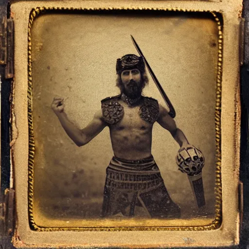 Prompt: Daguerreotype of a Byzantine warrior playing basketball