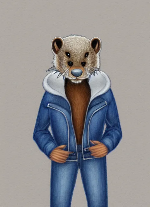 Image similar to expressive stylized master furry artist digital colored pencil painting full body portrait character study of the otter ( sergal ) small head fursona animal person wearing clothes jacket and jeans by master furry artist blotch, sharp focus