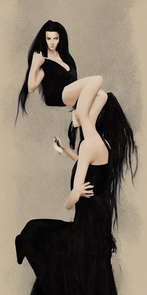 Image similar to character poster of young girl with straight long black hair wearing black dress sitting in bathroom floor, poster by artgem, greg rutkowski and mario testino