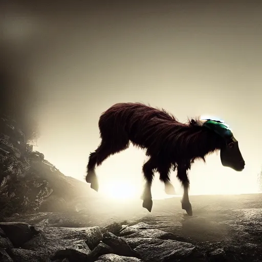 Prompt: a cinematic shot of a humanoid goat monster playing in a rock band, movie still, fog, atmospheric, 4 k