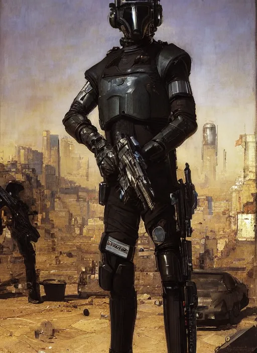 Prompt: Eliezer Nash. Menacing Cyberpunk police trooper wearing a combat vest and cybernetic combat gear. (dystopian, police state, Cyberpunk 2077, bladerunner 2049). Iranian orientalist portrait by john william waterhouse and Edwin Longsden Long and Theodore Ralli and Nasreddine Dinet, oil on canvas. Cinematic, vivid colors, hyper realism, realistic proportions, dramatic lighting, high detail 4k