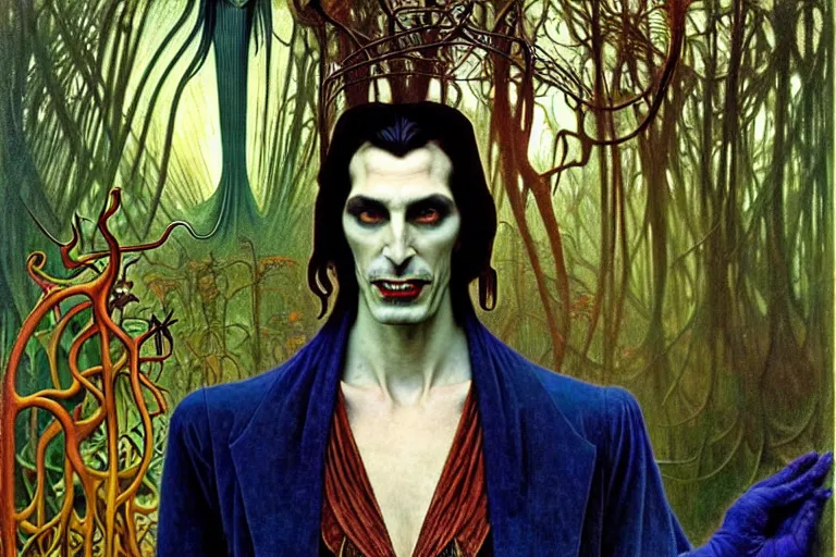 Image similar to realistic extremely detailed portrait painting of an elegantly creepy vampire man dressed as dracula, futuristic sci-fi forest on background by Jean Delville, Amano, Yves Tanguy, Alphonse Mucha, Ernst Haeckel, Edward Robert Hughes, Roger Dean, rich moody colours, blue eyes