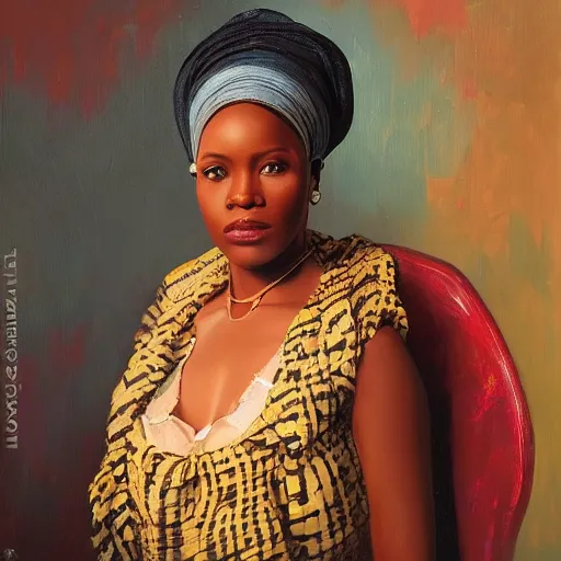 Image similar to portrait of an nigerian woman ( 3 5 ) from nigeria in 2 0 2 1, an oil painting by ross tran and thomas kincade
